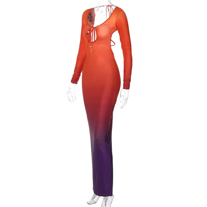 Sexy Vorne Brust Aushöhlen Gradienten Schlank Bodycon Maxi Kleid Frauen Cross Strap Backless Dünne Abendkleid Club Party Vestidos