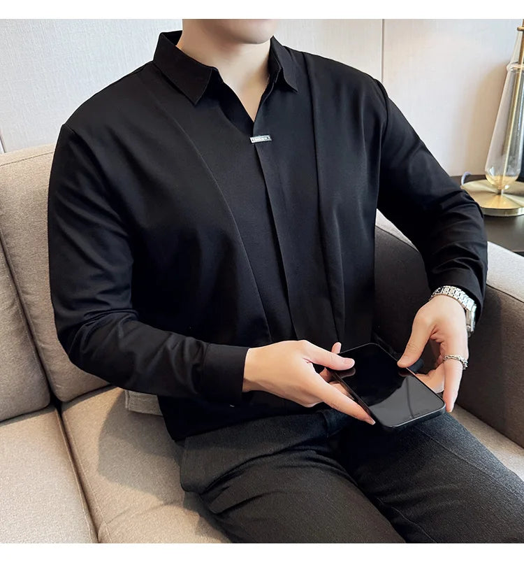 Men Long Sleeved Polo Shirt 2024 Autumn British Style Solid Casual Elastic Slim Fit T-shirt Formal Dress Polo Shirt Men Clothing