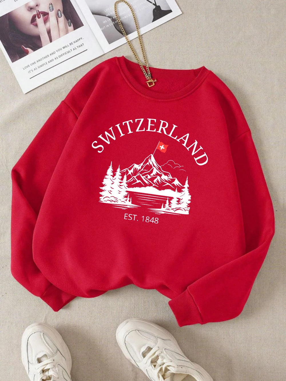 Switzerland Snow Mountain Design Women Sweatshirt Y2K Fleece Pullovers Crewneck Casual Streetwear Street Hip Hop Clothes