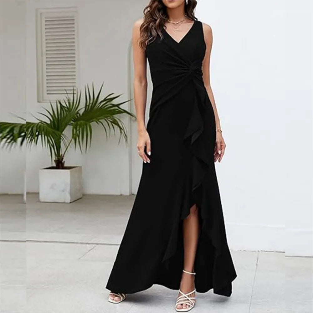 Sexy Schlitz, Rüschen, ärmellos, Abendkleider für Damen, modisch, V-Ausschnitt, schlank, plissiert, elegantes weibliches Maxi-langes Kleid 2025,