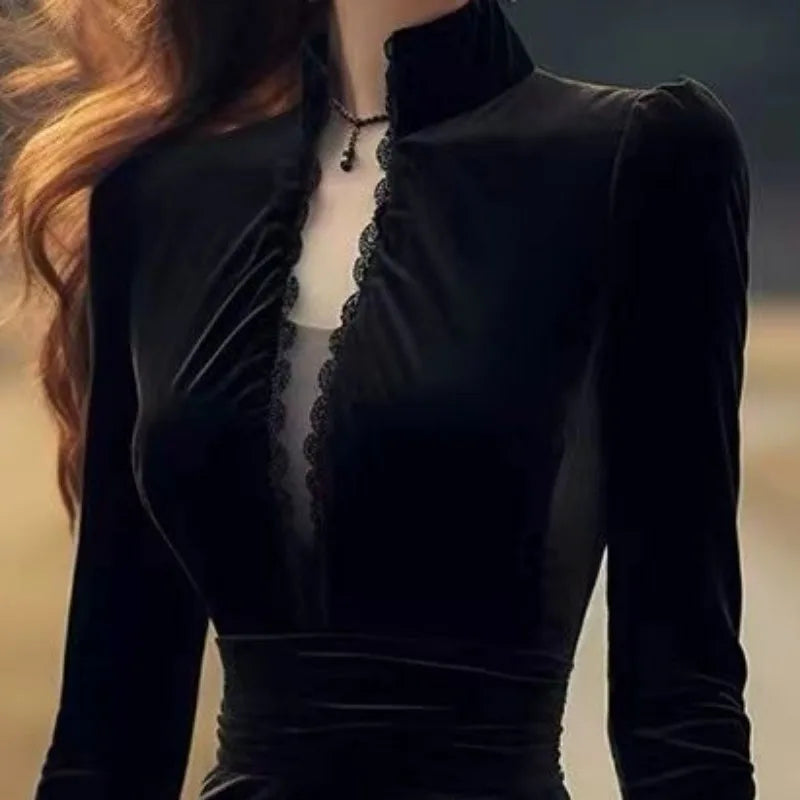 OCEANLOVE Herbst Winter Kleider für Frauen Hepburn Stil Vintage Solid Black Vestidos Mujer Stehkragen Elegante Lange Kleid