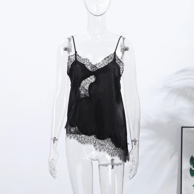 Sommer Frauen Halter Top Satin Spitze Gespleißt Tank Backless Tiefem Hals Sexy Weste Unregelmäßigen Saum Vestidos 2025, Dame Urlaub Sexy Tops