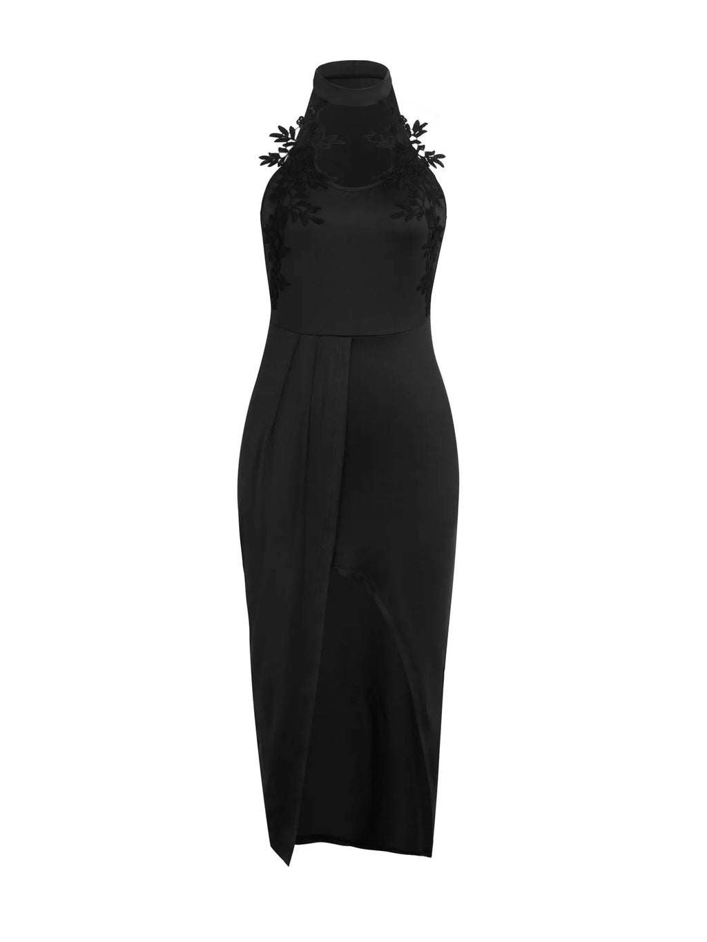 Midi-Kleid Frühling Sommer Damen Schwarzes Spitzenkleid mit Neckholder Ärmellos Geschlitzt Bodycon Sexy Party Club Cocktailkleid