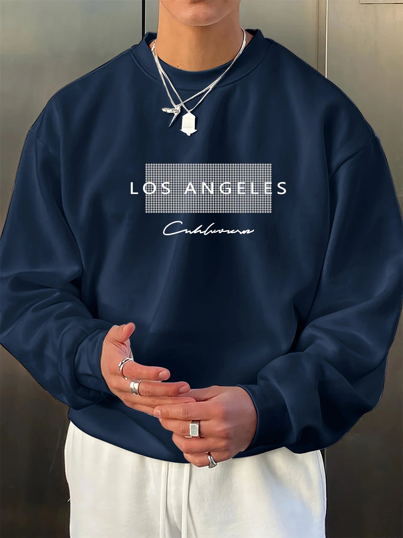 Men's autumn and winter fashionable casual loose Los Angeles letter graphic fleece long sleeved round neck sweatshirt