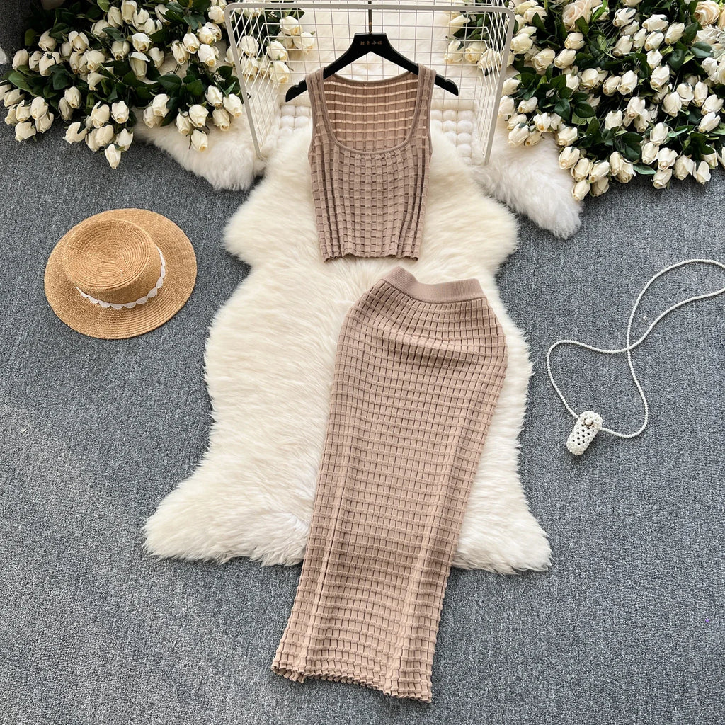 Sommer Frauen Mode Rock Set sexy ärmellose Tanktops hohe Taille schlanke lange Saya weibliche zweiteilige Anzüge stricken feste Kleidung