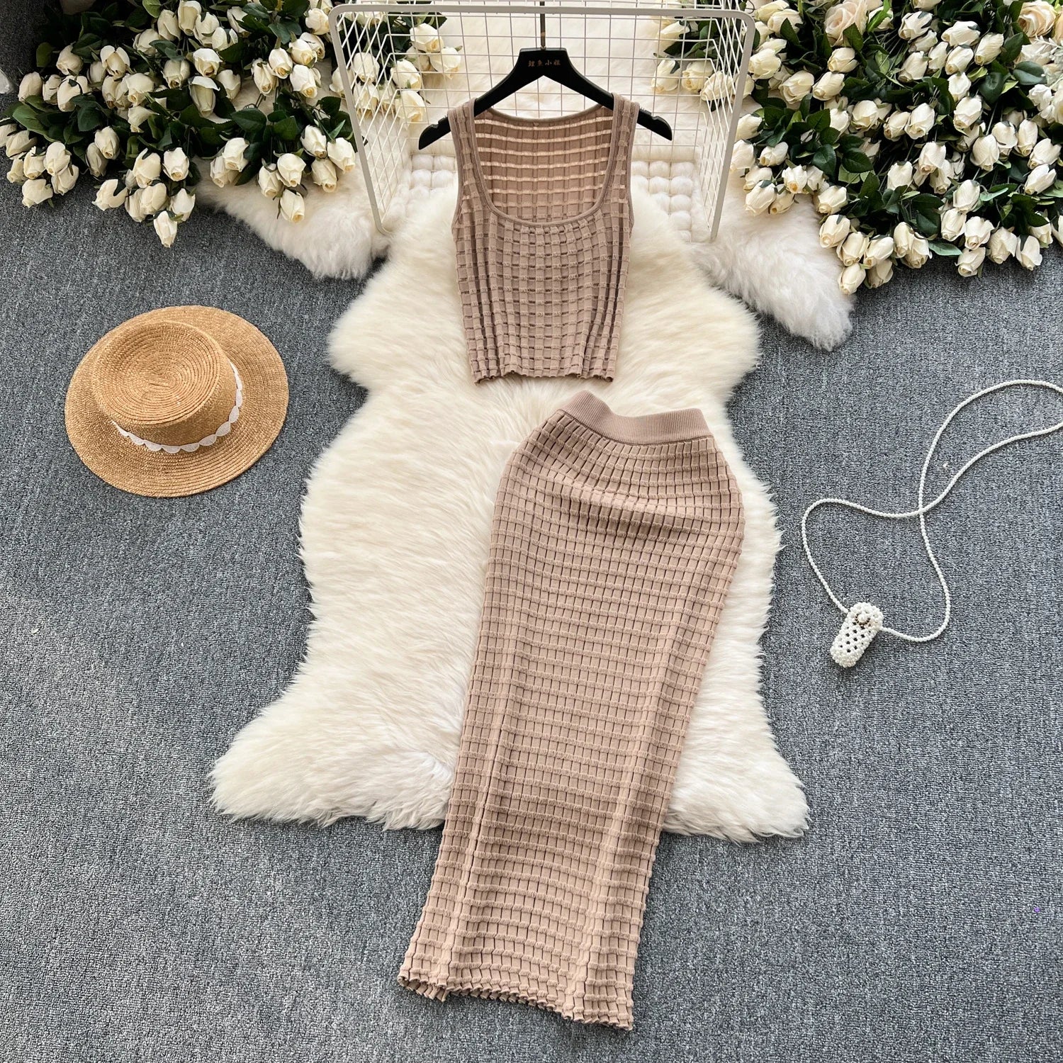 Sommer Frauen Mode Rock Set sexy ärmellose Tanktops hohe Taille schlanke lange Saya weibliche zweiteilige Anzüge stricken feste Kleidung
