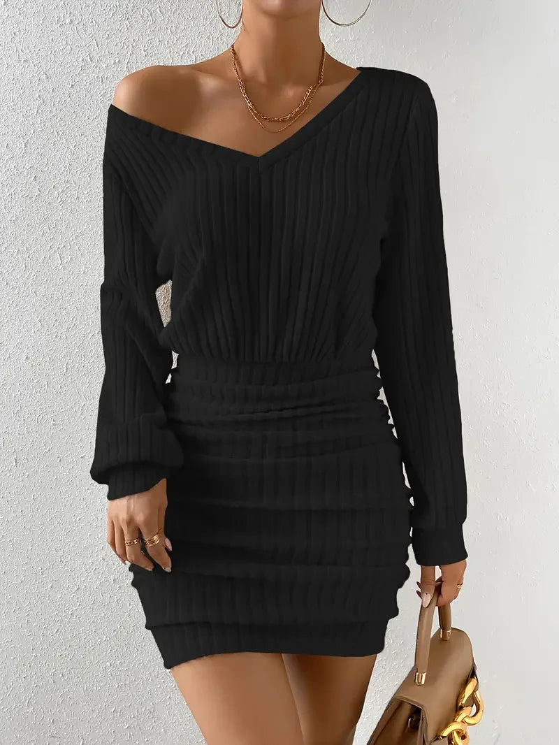 Frauen Herbst Winter Gestrickte Pullover Mini Kleid Weibliche Casual Solide Wrap V-ausschnitt Langarm Warme Bodycon Kurze Kleider Robe