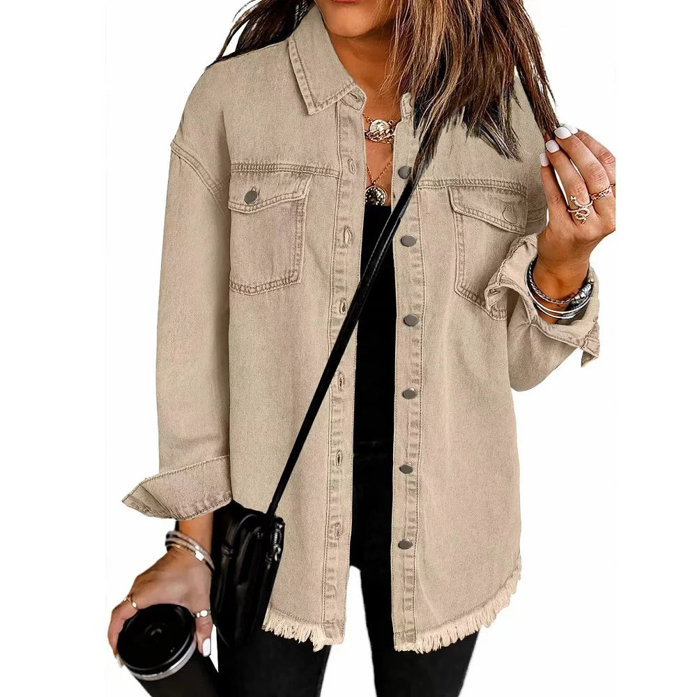 Gewaschene Denim Jacke Frauen Herbst Quaste Revers Jeans Jacke Weibliche Casual Lose Langarm Einreiher Oberbekleidung Shirts Mantel