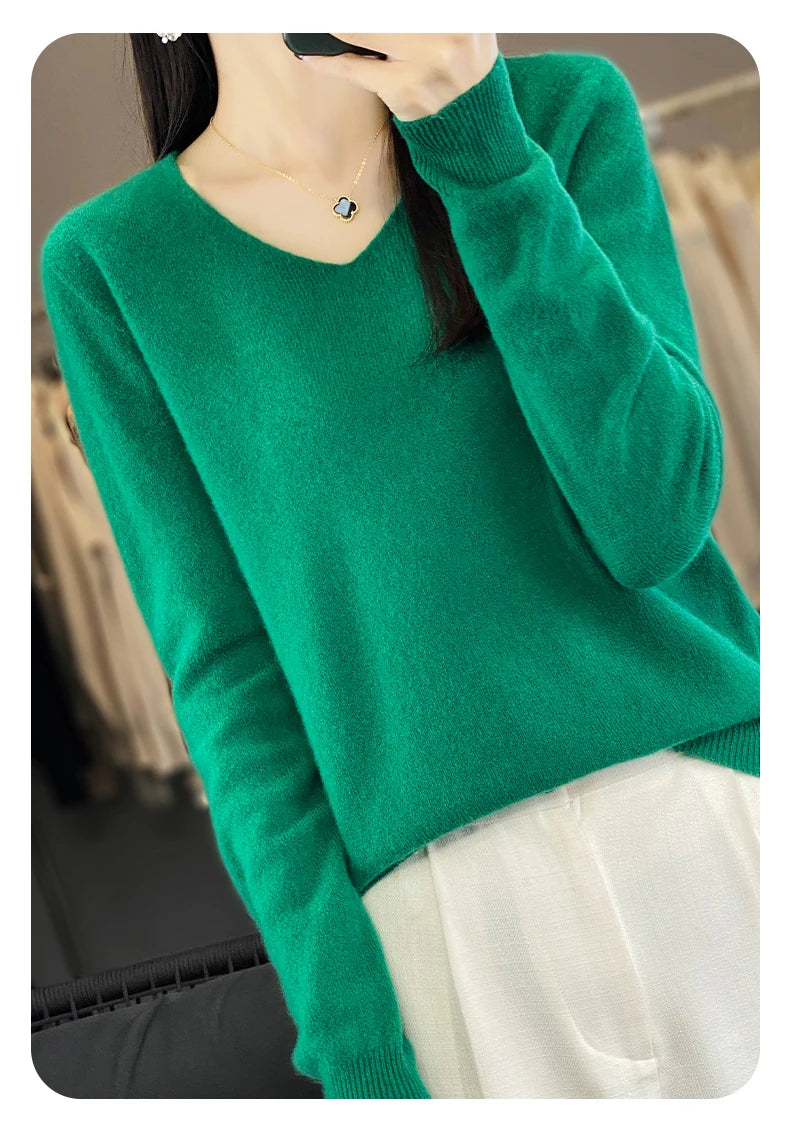 Frauen 100% Merinowolle Pullover V-Ausschnitt Basic Pullover Herbst Winter Kaschmir Kleidung Langarm weiche Strickwaren Tops einfarbig