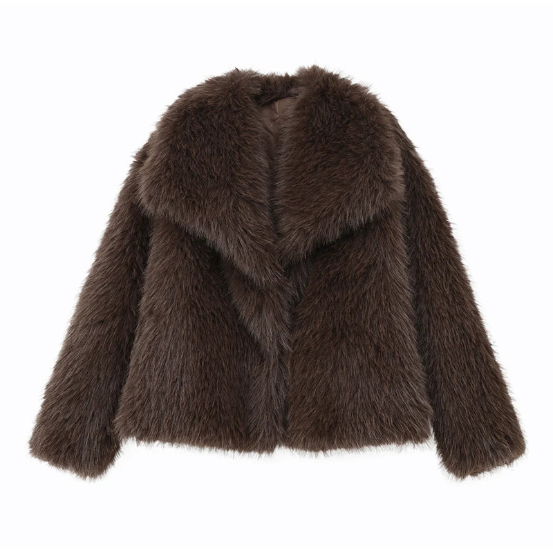 Solide braune flauschige Pelzjacke für Damen, lässig, Revers, lockere lange Ärmel, verdickt, warmer Kurzmantel, 2025, Winter, neue Dame, Pendelkleidung