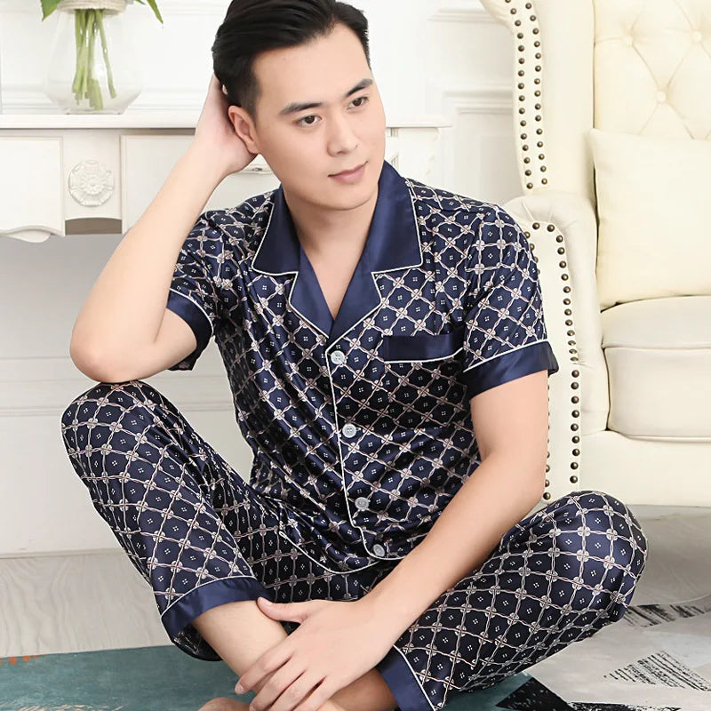 Hohe Qualität Pyjamas Set Männer Frühling Herbst Dünne Polyester Eis Seide Lange ärmeln Nachtwäsche Plus Größe Sommer Hause Kleidung männlichen