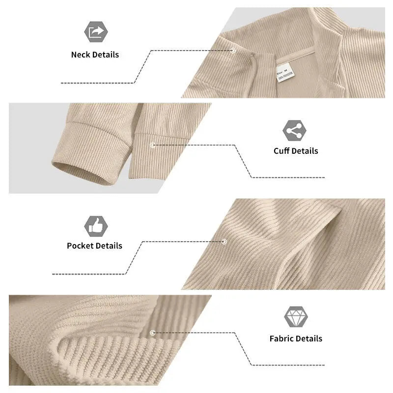 Amerikanische schwere Cord-Herrenjacke, einfache und vielseitige Langarmjacke mit Stehkragen und mehreren Taschen