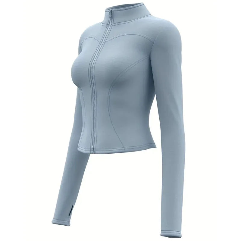Women's Zip-Up Running Jacket Lightweight Stretchy Running Track Jacket with Thumb Holes, High Neck, Breathable Yoga Sportwear