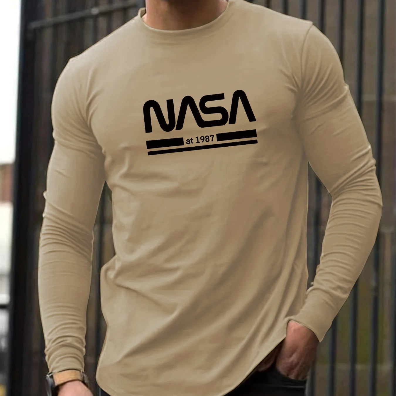 Men's Spring and Autumn 100% Cotton Loose Comfortable Casual NASA Letter Printed Round Neck Long Sleeve T-shirt