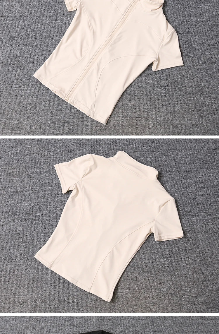 Damen-Sportbekleidung, schmale Passform, Polyester, schnell trocknend, durchgehender Reißverschluss, Outdoor-Fitness, Laufhose, kurze Ärmel, Damen-Yoga-Bekleidung