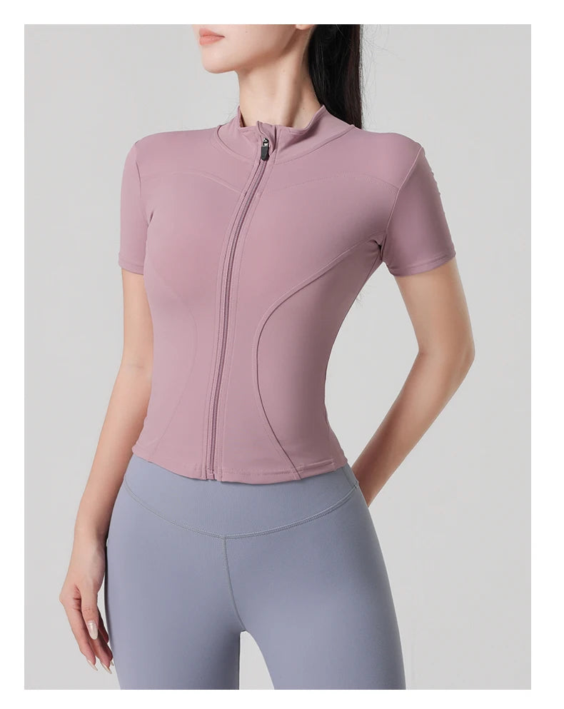 Woman yoga Jacket High Elastic Yoga Short Sleeve Coat Stand Collar Tight Sports Coat Naked Fitness Short Sleeve Female