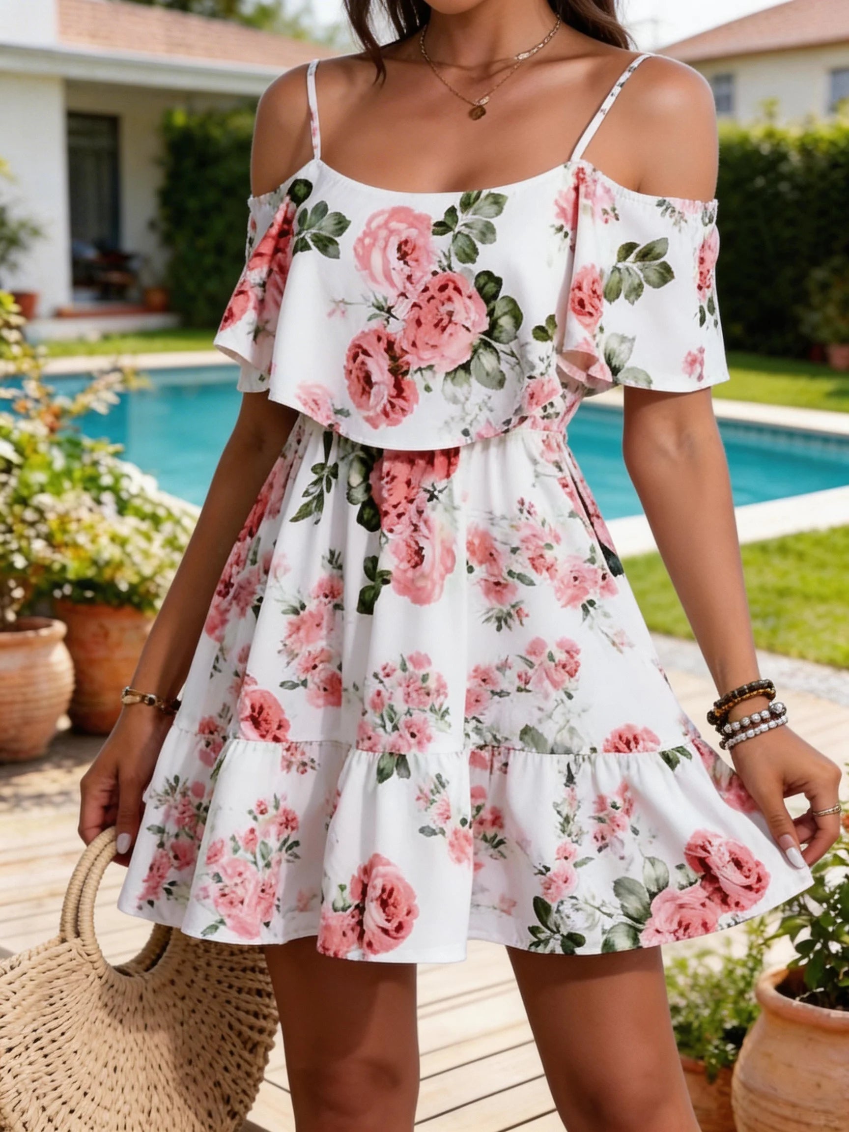 Damenkleid im Europäischen Stil mit Blumenmuster, Ärmelloses Neckholder-Oberteil mit Rüschenkanten, Kurzer Rock für den Sommer