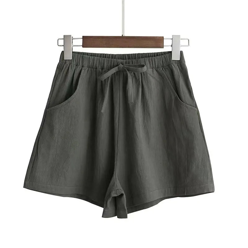 Damen Baumwoll-Leinen-Shorts 2026 – Neue Sommer High-Waist Freizeit-Sportshorts für Damen, einfarbig mit Taschen, lockere Strand-Shorts