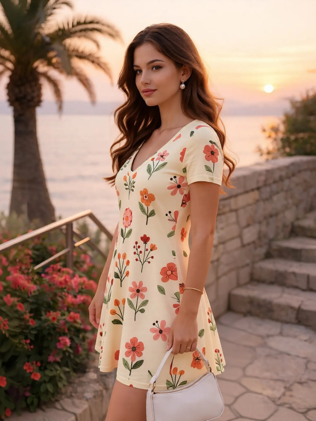 Damen-Minikleid mit V-Ausschnitt und Blumendruck, kurzärmelig, lässig, für den Alltag, Urlaub, Sommerkleid, Outfit, Garderobe, elegant, luftig, weich, bequem, schick