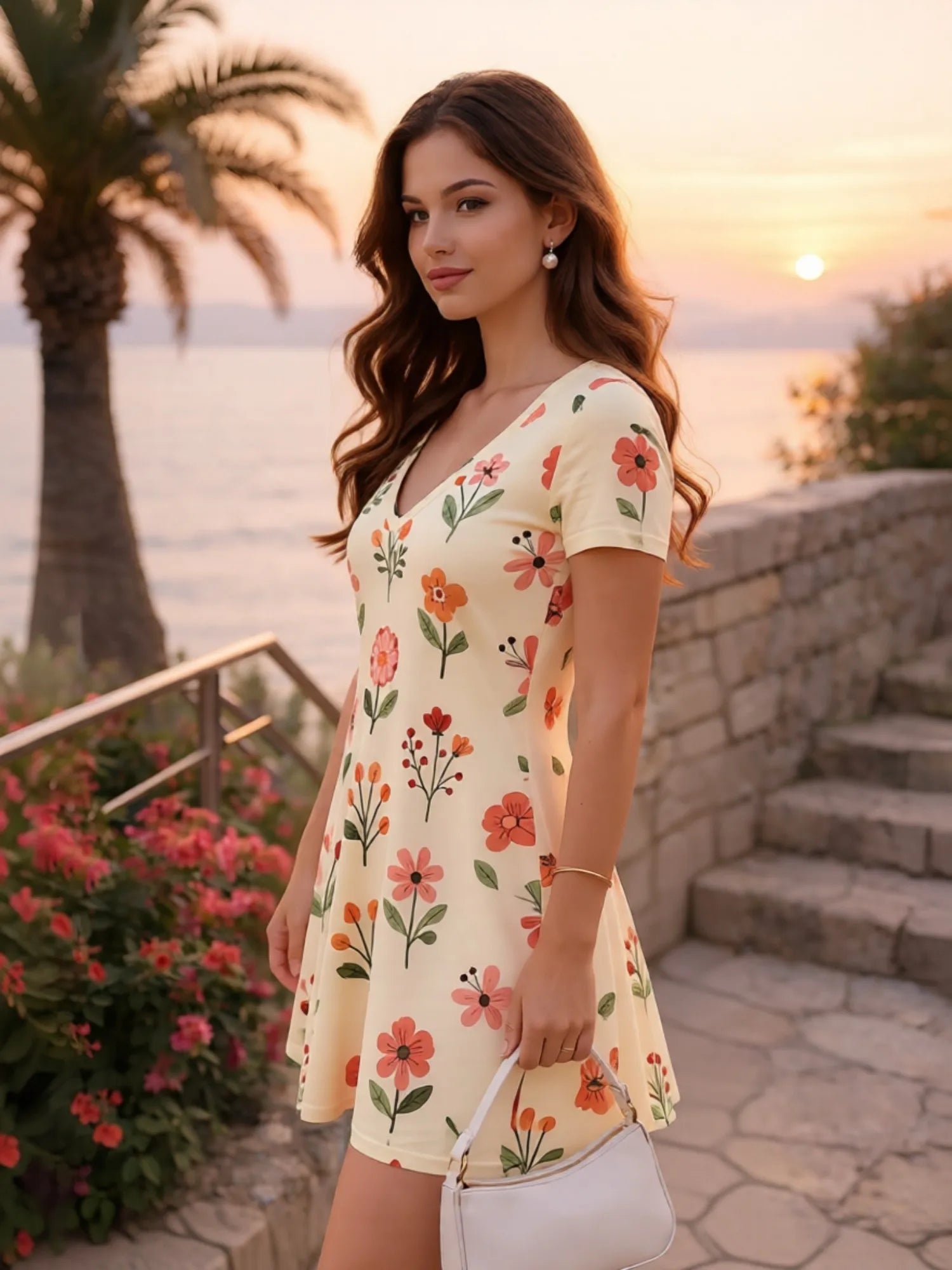 Damen-Minikleid mit V-Ausschnitt und Blumendruck, kurzärmelig, lässig, für den Alltag, Urlaub, Sommerkleid, Outfit, Garderobe, elegant, luftig, weich, bequem, schick