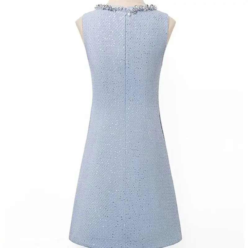 BESTBAFU Luxus Pailletten Kleine Duft Tweed Weste Kleid Frauen Herbst Winter Elegante Ärmellose Woolen A-Line Party Kleider 625P
