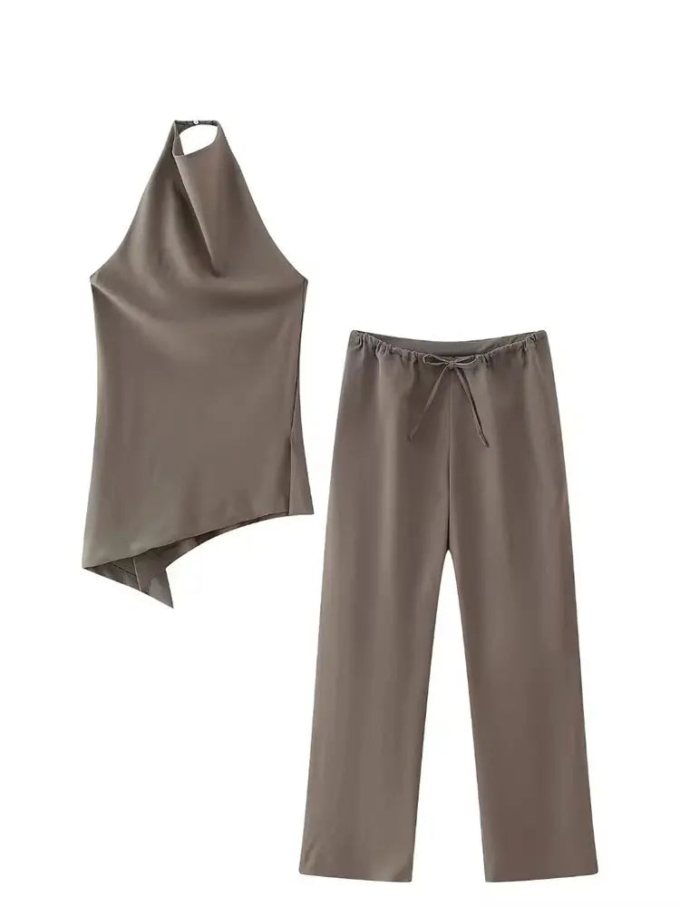 HH Frauen Vintage Solide Hose Sets Sexy Backless Halter Camis Top Asymmetrische Tank Top + Kordelzug Hosen Mode Streetwear