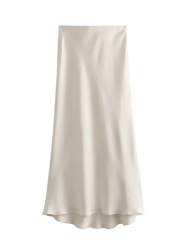 Willshela 2024 Schwarz Satin Rock Frau Hohe Taille Elegante Lange Röcke Für Frauen Mode Sommer Midi Rock Büro frauen Röcke