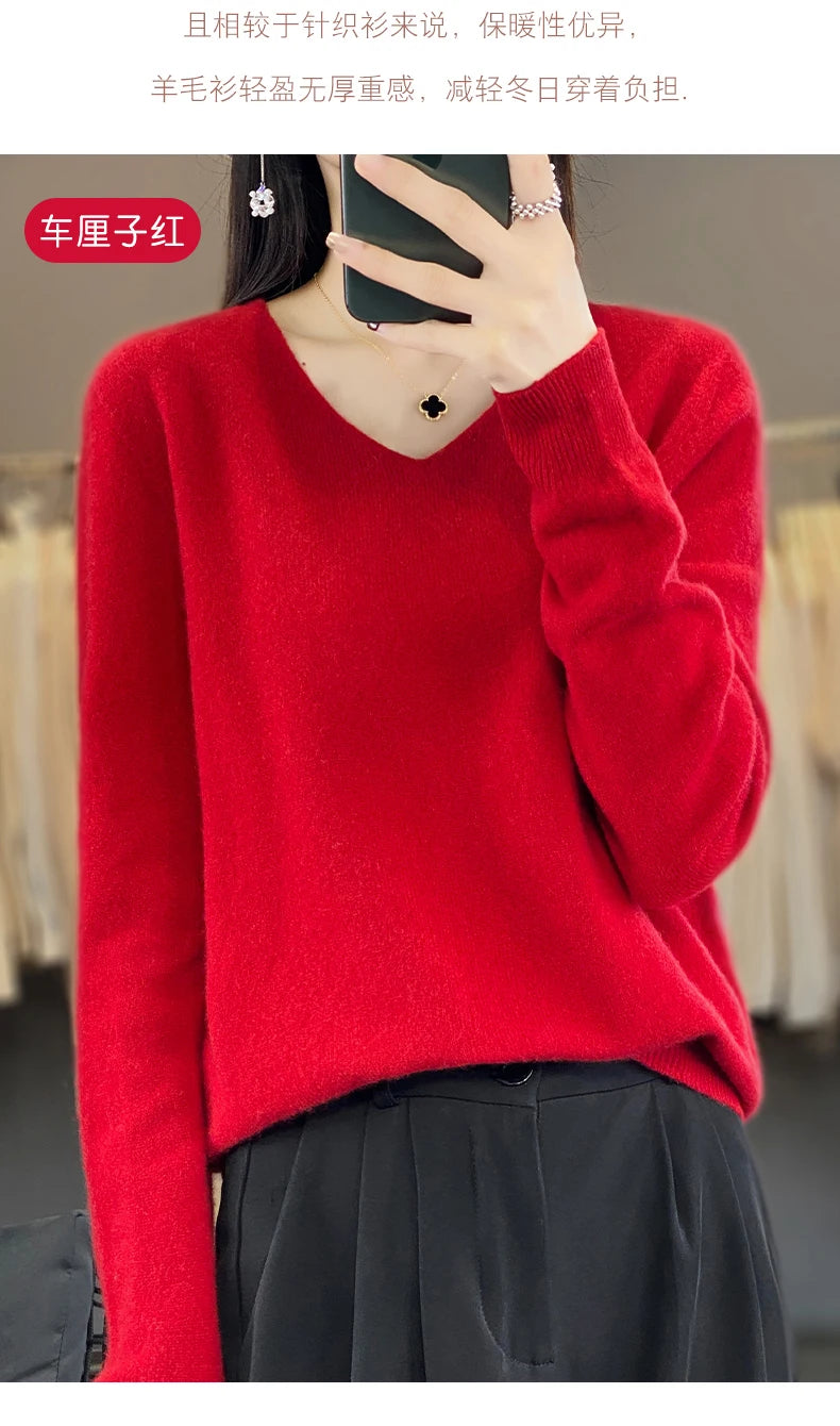 Frauen 100% Merinowolle Pullover V-Ausschnitt Basic Pullover Herbst Winter Kaschmir Kleidung Langarm weiche Strickwaren Tops einfarbig
