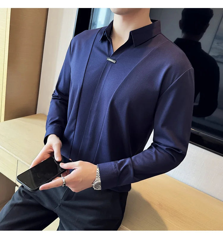 Men Long Sleeved Polo Shirt 2024 Autumn British Style Solid Casual Elastic Slim Fit T-shirt Formal Dress Polo Shirt Men Clothing