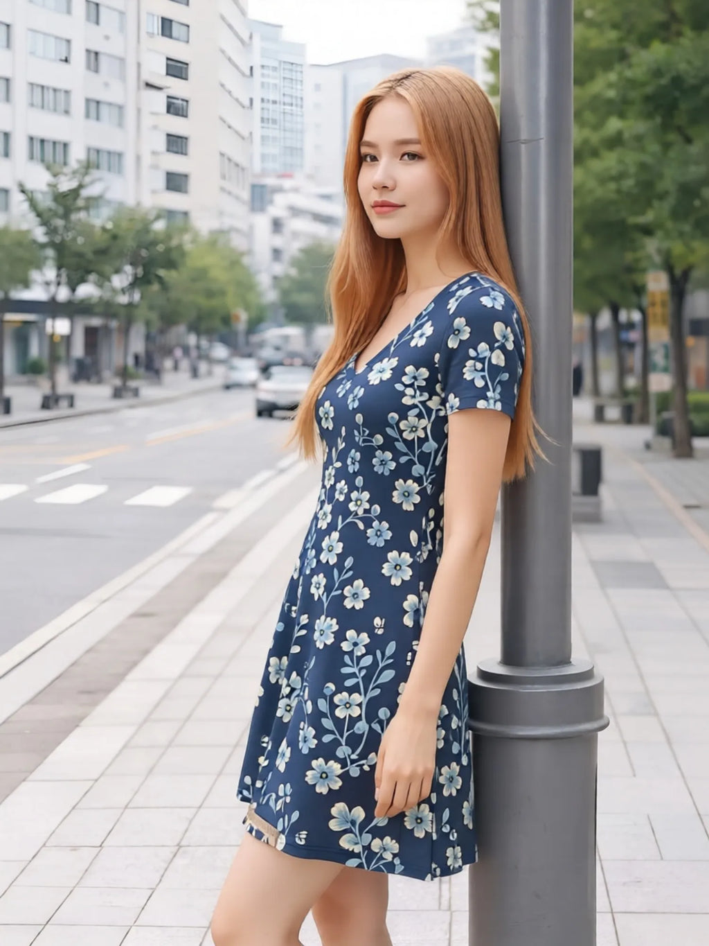 Damen-Swingkleid mit V-Ausschnitt und Blumendruck, lässiges Alltagsoutfit, luftig, weich, bequem, schick, schön, für jeden Tag, feminin, anmutig, einfach