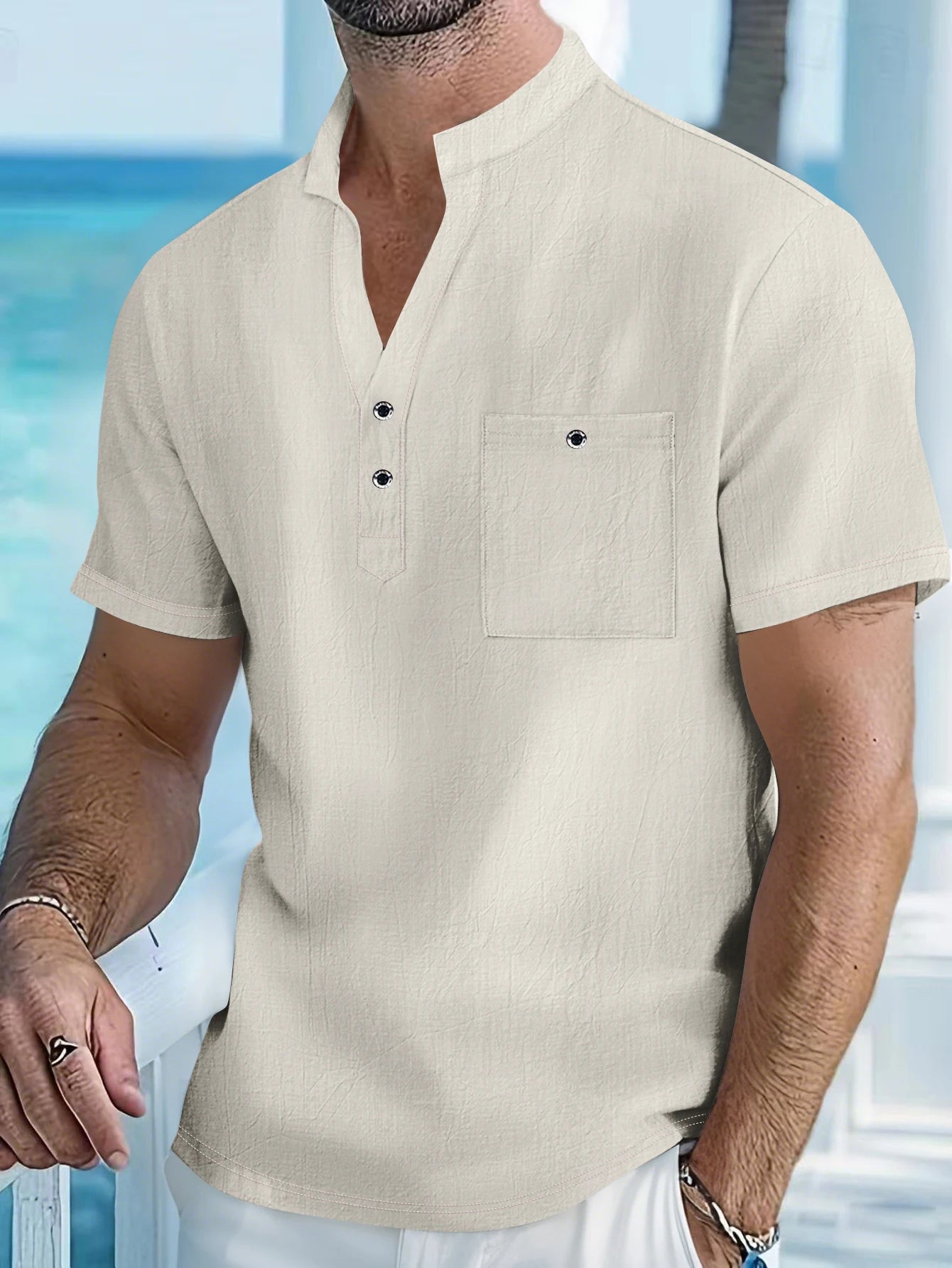 Herren-Kurzarmhemd aus Baumwollleinen mit Stehkragen und Knopfleiste mit halbem Knopfleiste – lässige Outdoor-Freizeitkleidung für Frühling und Sommer