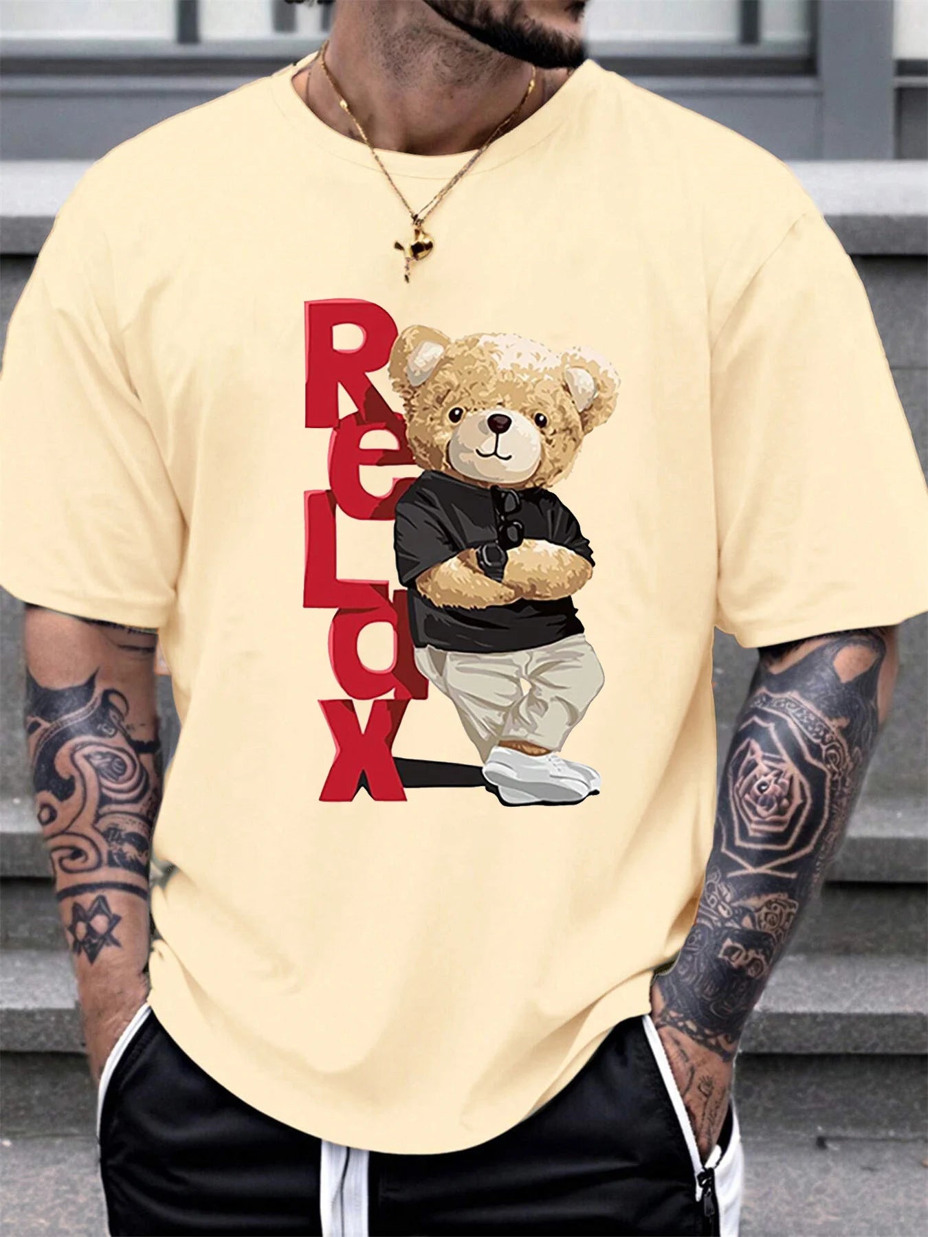 Men's Summer 100% Cotton Fashionable Casual Loose Large Size Letter Bear Printed Sports Round Neck Short Sleeve T-shirt Top