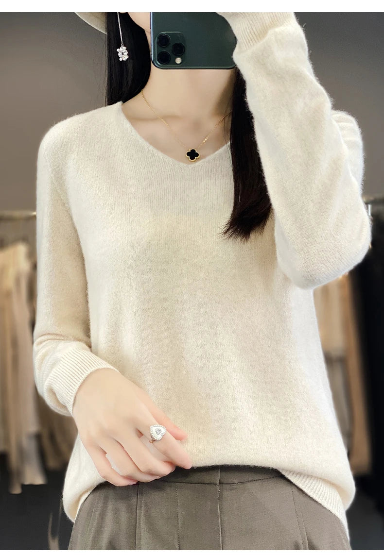 Frauen 100% Merinowolle Pullover V-Ausschnitt Basic Pullover Herbst Winter Kaschmir Kleidung Langarm weiche Strickwaren Tops einfarbig