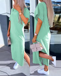 Fashion Simple O Neck Short Sleeve Solid Dress For Women New 2024 Summer Casual Loose Comfortable Split Long Dress Robe Femme