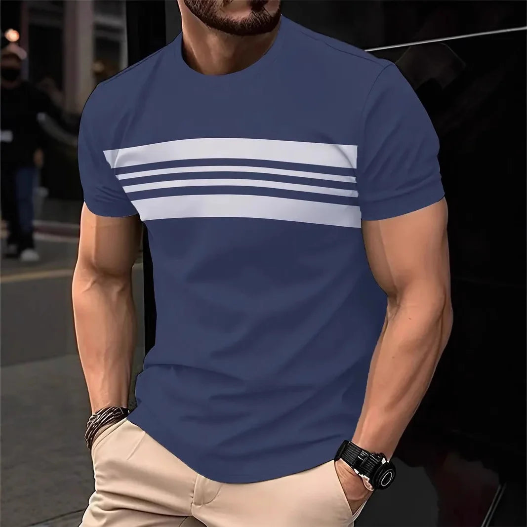 2025, Sommer Herrenmode, 3D-T-Shirt, Spleißen, bedruckt, Farbblockierung, lässig, schlank, kurzärmelig, Outdoor-Sport, Laufen, Fitness