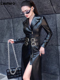 Lautaro Frühling schwarz maxi leder kleid frauen lange sleeve zipper korsett Lange engen kleid Faux Leder kleider für frauen 2022