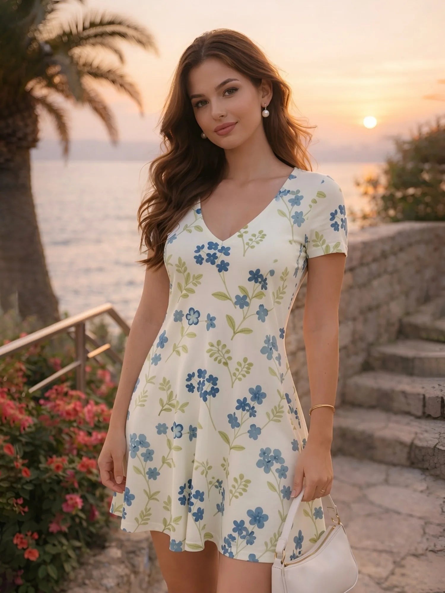 Damen-Minikleid mit V-Ausschnitt, kurzärmelig, Blumenmuster, lässiges Reiseoutfit, feminin, anmutig, entspannt, leicht zu tragen, modisch, charmant, niedlich, Café