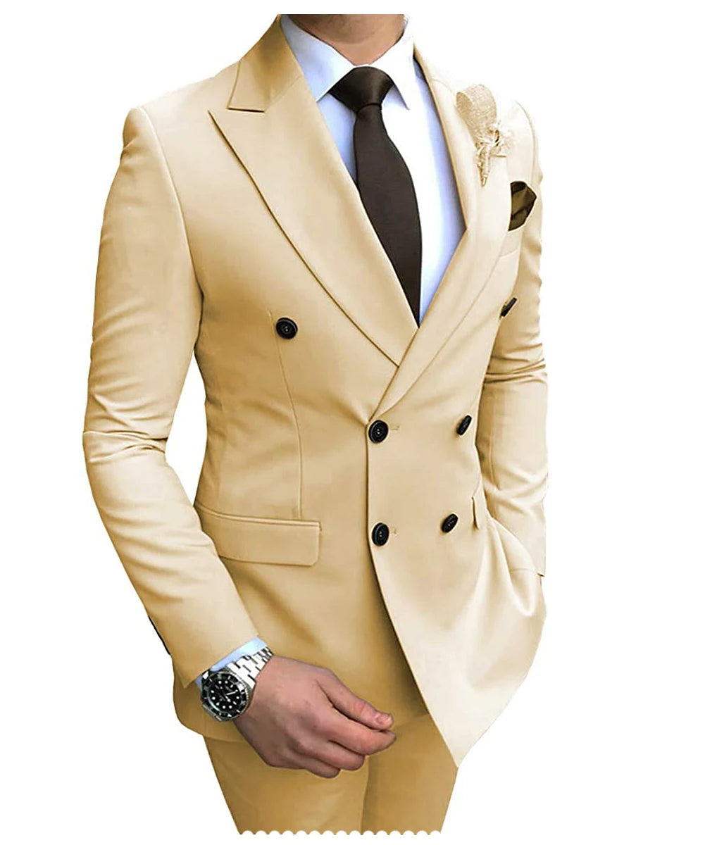 2024 Neuer beigefarbener Herrenanzug, 2-teilig, zweireihig, Reverskragen, flach, schmale Passform, lässiger Smoking für Hochzeit (Blazer + Hose)