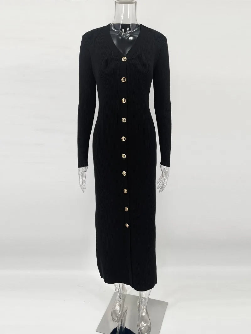 Trendix Elegantes Abendkleid für Damen, V-Ausschnitt, lange Ärmel, Patchwork, Knopf, Schlitz, Pullover, Kleider, 2024, Herbst und Winter, gestricktes Maxikleid