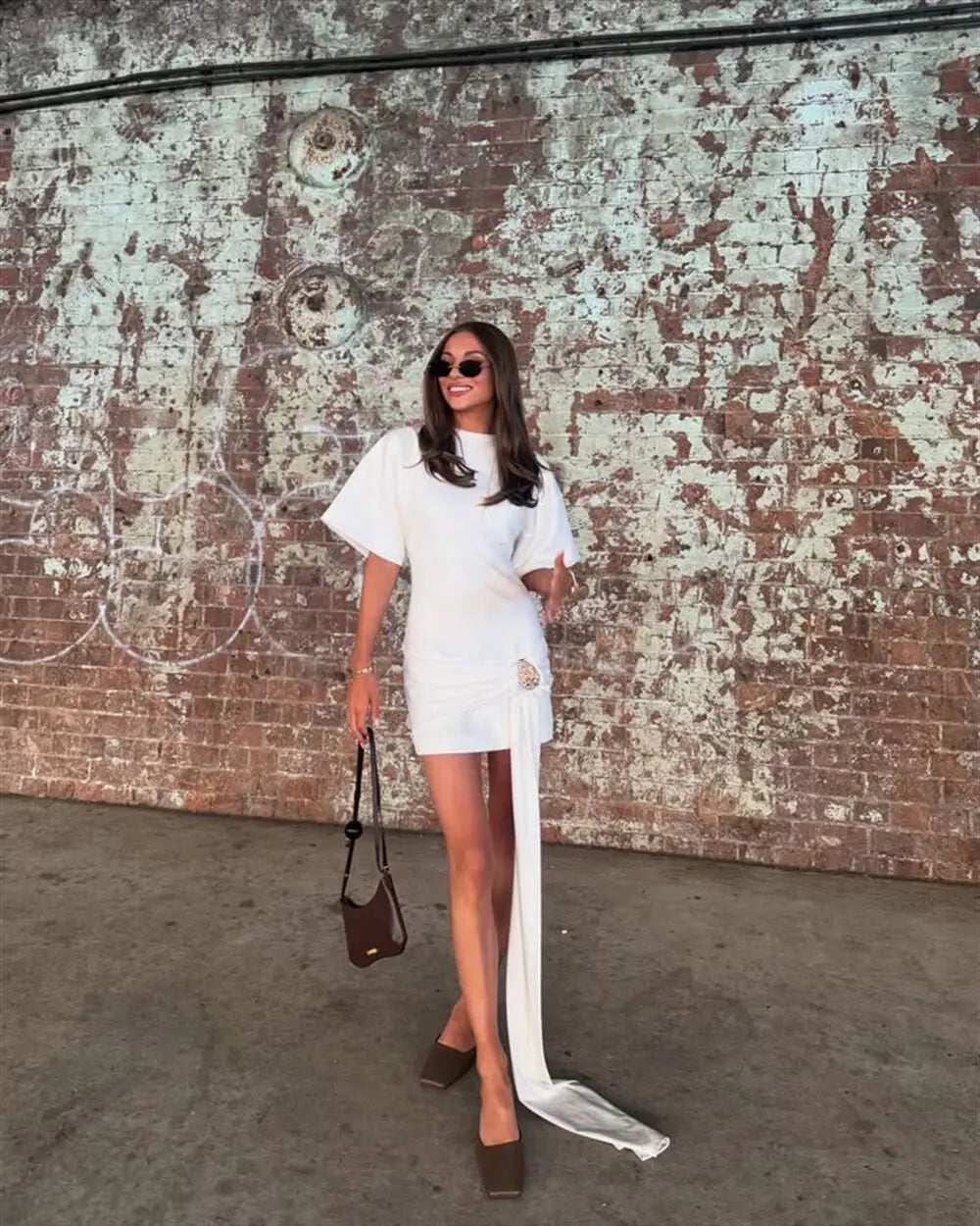 Apprabant Women Buckle Ruched Ribbon Mini Dress O-Neck Metal Short Sleeve Solid Color Silm Bodycon Short Dress Casual Partywear