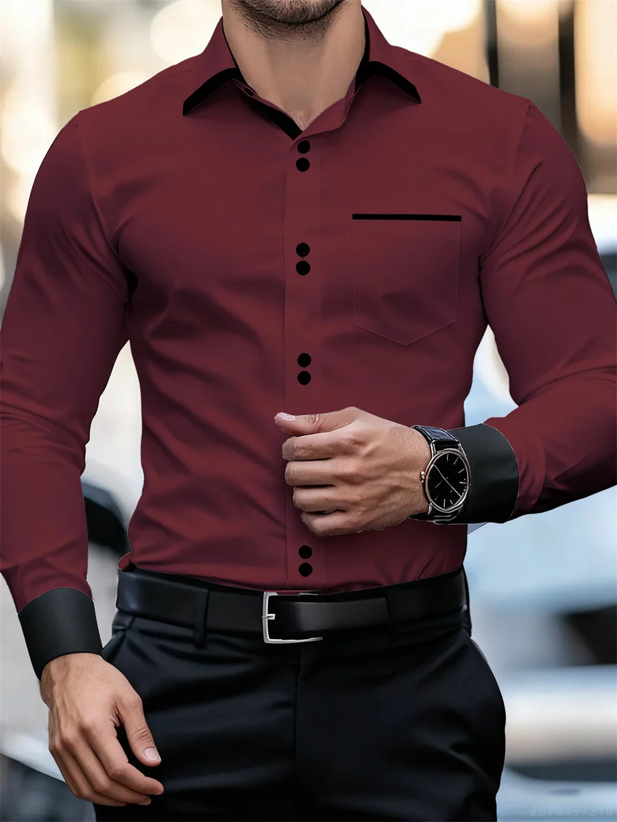 Herren-Business-Langarmhemd mit Farbblockkragen, schmale Passform, knitterfrei, schwarz-weißes Patchwork-Hemd, modisches Herrenoberteil
