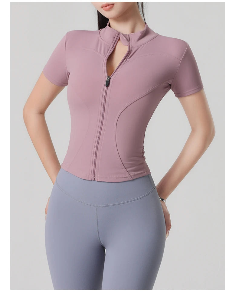 Woman yoga Jacket High Elastic Yoga Short Sleeve Coat Stand Collar Tight Sports Coat Naked Fitness Short Sleeve Female