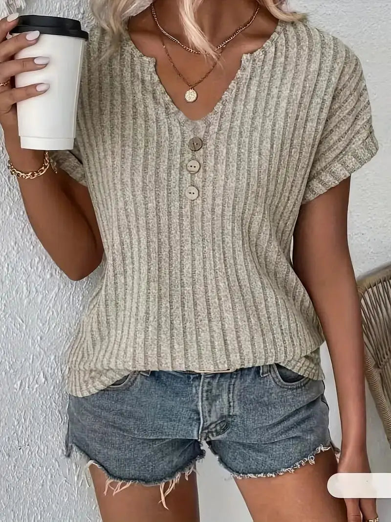 Frühling/Sommer neues einfarbiges geripptes Oberteil mit V-Ausschnitt und Knopfverzierung, elegantes T-Shirt für Damen S-2XL