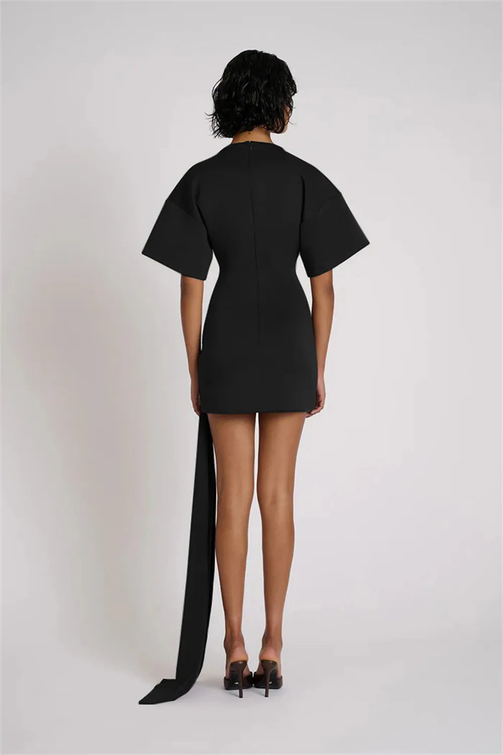 Apprabant Women Buckle Ruched Ribbon Mini Dress O-Neck Metal Short Sleeve Solid Color Silm Bodycon Short Dress Casual Partywear