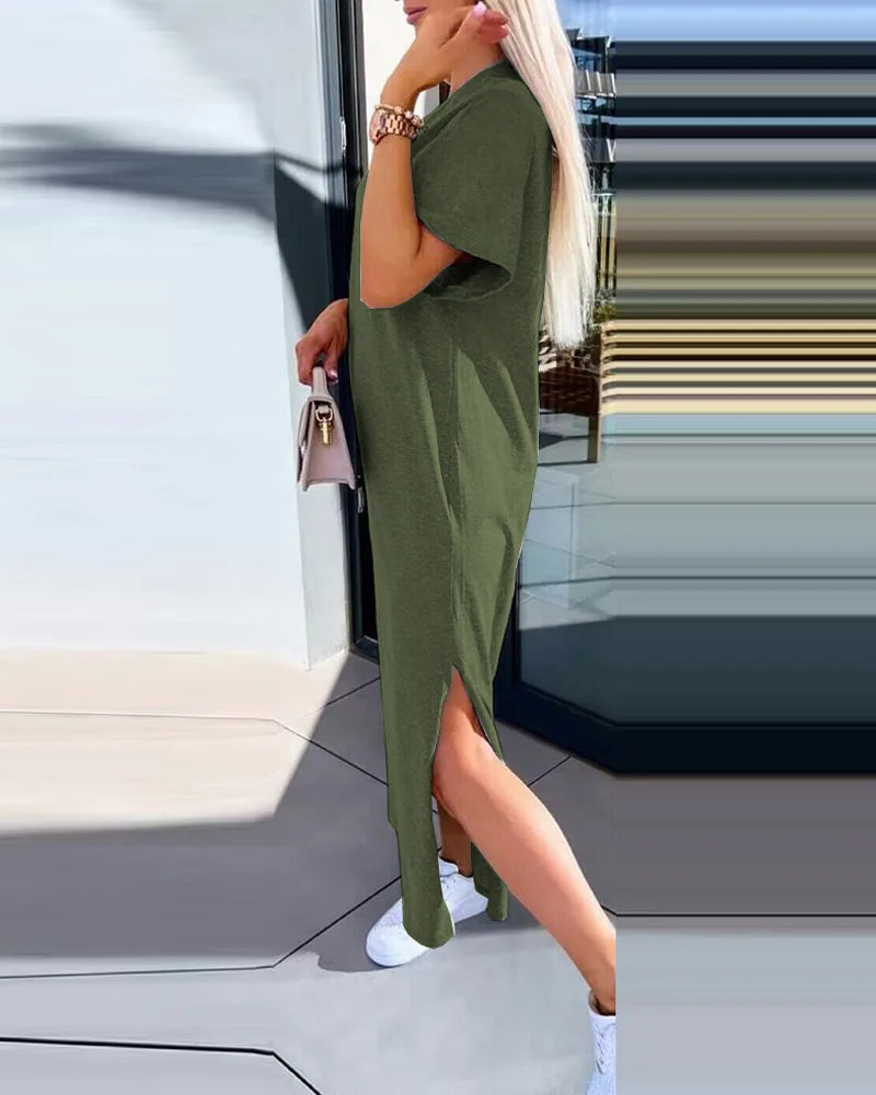Fashion Simple O Neck Short Sleeve Solid Dress For Women New 2024 Summer Casual Loose Comfortable Split Long Dress Robe Femme