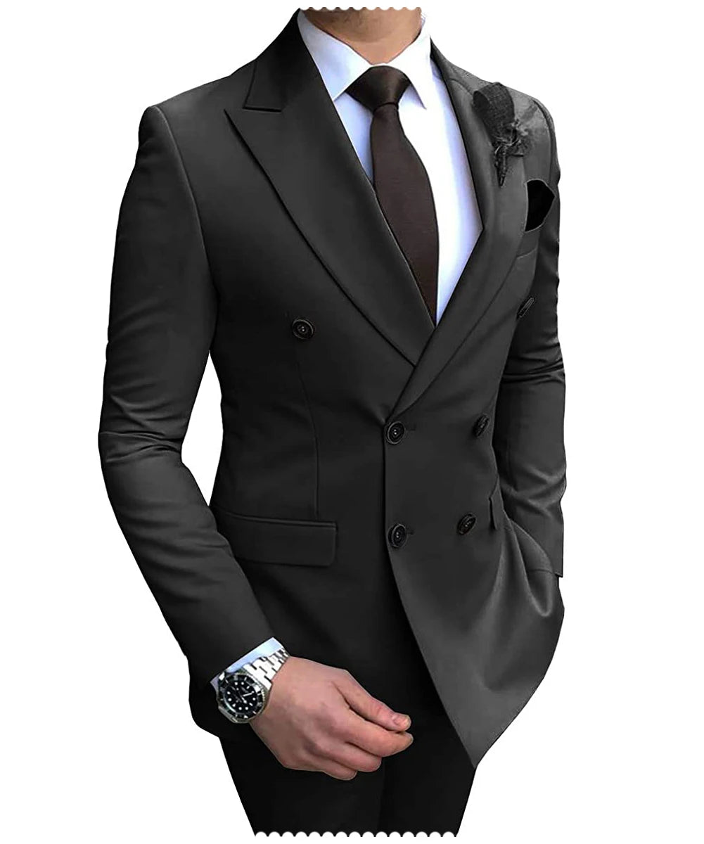 2024 Neuer beigefarbener Herrenanzug, 2-teilig, zweireihig, Reverskragen, flach, schmale Passform, lässiger Smoking für Hochzeit (Blazer + Hose)