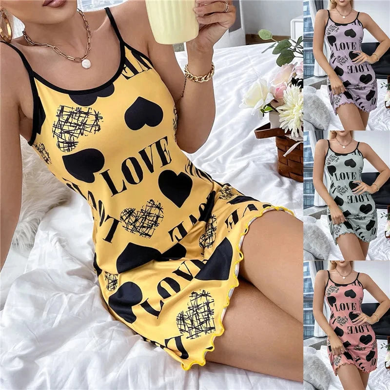 Sommer Neue frauen Nachthemd Schönheit Zurück Dünne Abschnitt Von Hause Tragen Sexy Halter Kurzen Rock Liebe Cartoon Nette Druck Pyjamas