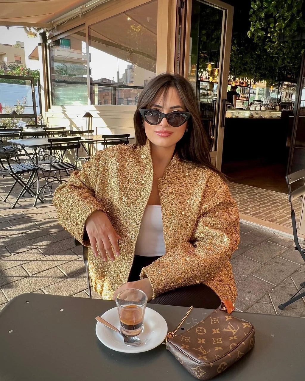 Damen Pailletten Bomber jacke fallen neue Rundhals ausschnitt Langarm Tasche Stretch Saum Pailletten Jacke Mantel weibliche schicke Oberbekleidung
