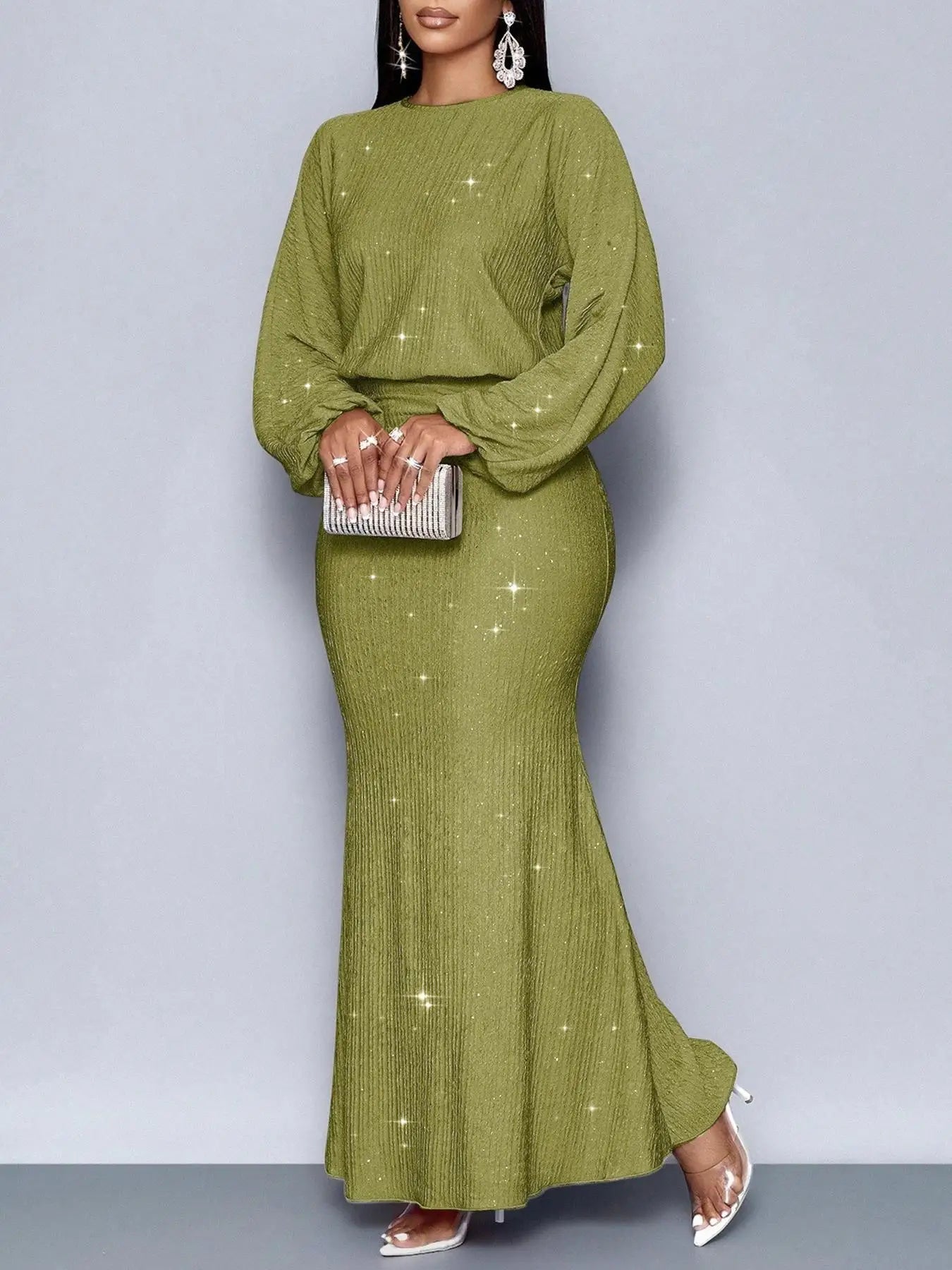 Elegantes, langärmliges Fischschwanzkleid mit Perlenverzierung und Falten für formelle Anlässe, Polyester-Lycra-Mischung, Sommer 2025,