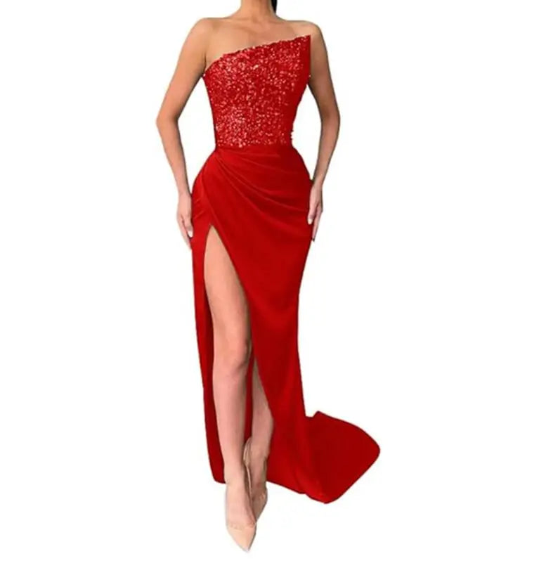 Frühjahr/Sommer Neue Pailletten Ärmellose Mode Eingewickelt Brust Einfarbig Split Slim Fit Kleid Für Frauen, 7 Farben